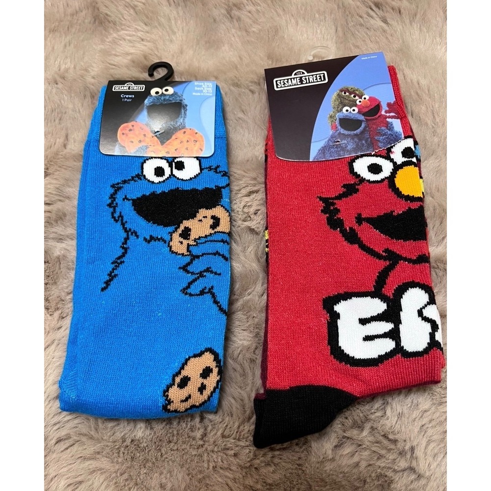 New 2-Pair Sesame Street Elmo & Cookie Monster Crew Socks Size 8-12